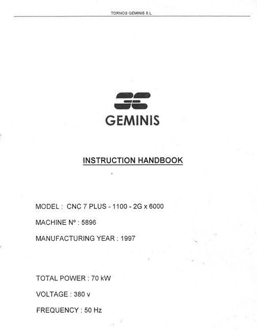 Manual de instrucciones GEMINIS CNC Plus 7 2G 1100x6000mm | Torno paralelo