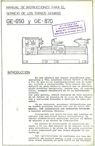 Manual de instrucciones GEMINIS GE 650-870 | Torno paralelo