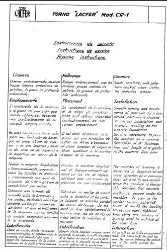 Lacfer mod. R.C.1-2 Manual de instrucciones LACFER RC1 | Torno paralelo