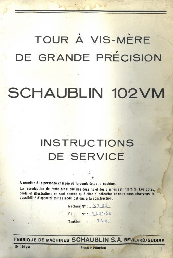 Manual de instrucciones SCHAUBLIN 102 VM | Torno paralelo
