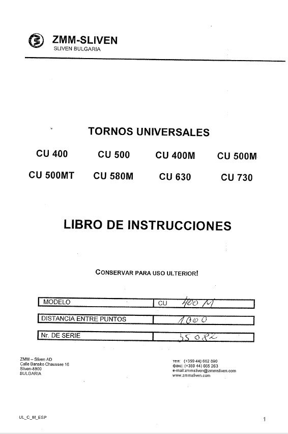 ZMM mod. C400M-2 Manual de instrucciones ZMM BULGARIA CU400/CU500/CU400M/CU500M/CU500MT/CU580M/CU630/CU730 | Torno paralelo