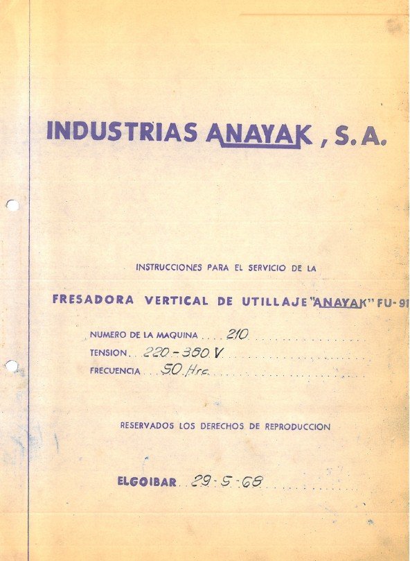 Manual de instrucciones Fresadora ANAYAK FU91