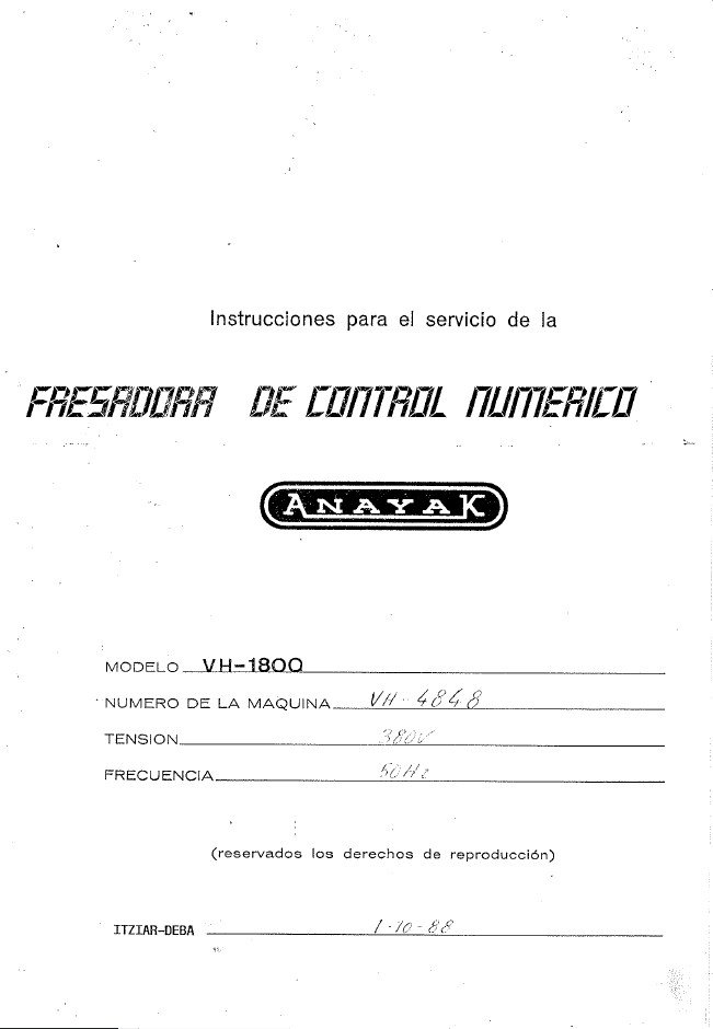 Manual de instrucciones Fresadora ANAYAK VH 1800