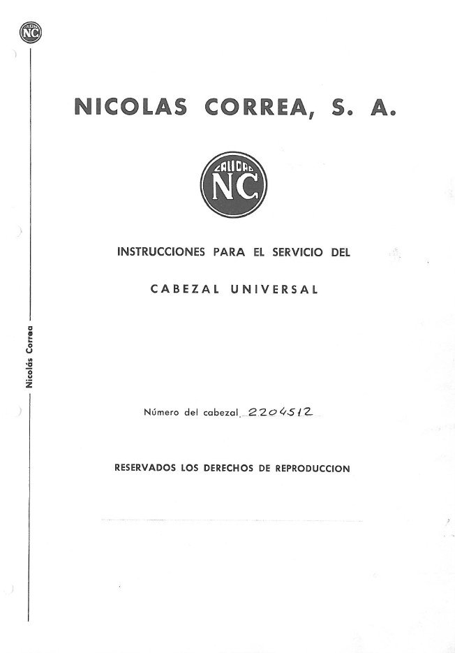 CABEZAL UNIVERSAL NICOLAS CORREA-2 Manual de instrucciones Fresadora NICOLAS CORREA Cabezal Huron para mod UE