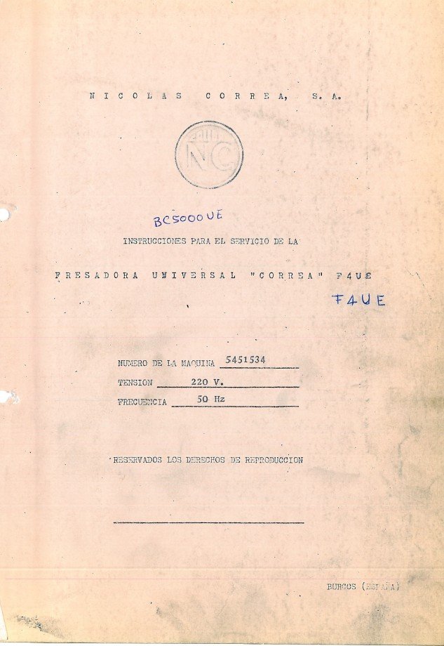Manual de instrucciones Fresadora NICOLAS CORREA F4UE BC5000