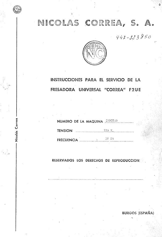 Manual de instrucciones Fresadora NICOLAS CORREA F2UE