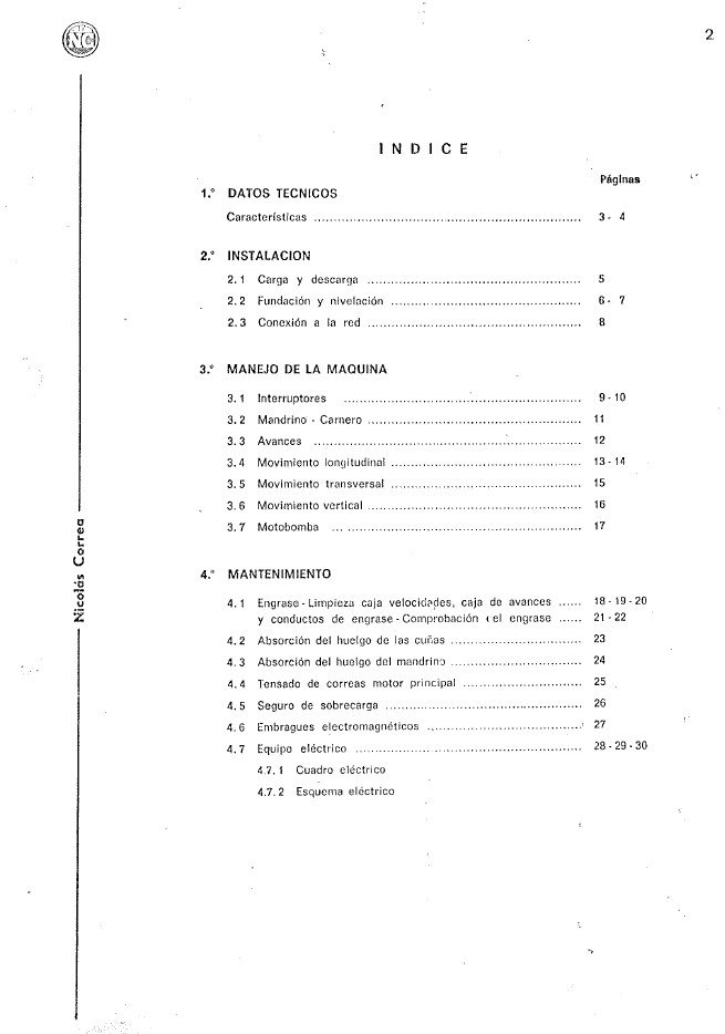 Manual de instrucciones Fresadora NICOLAS CORREA F2UE