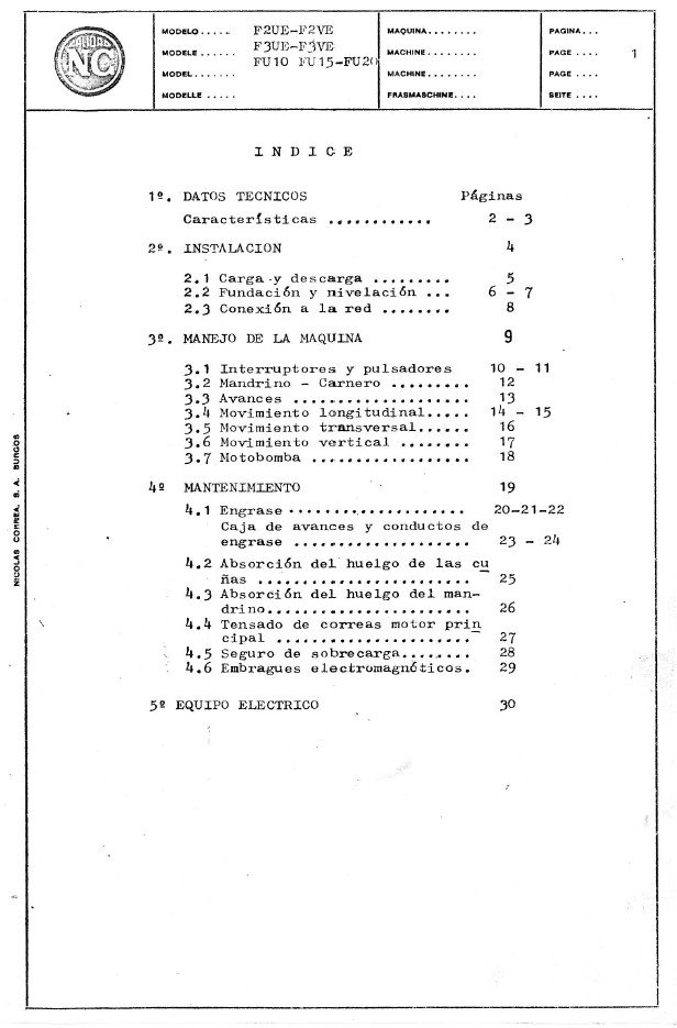 Manual de instrucciones Fresadora NICOLAS CORREA F2VE