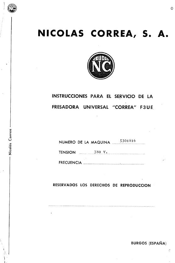 Manual de instrucciones Fresadora NICOLAS CORREA F3UE