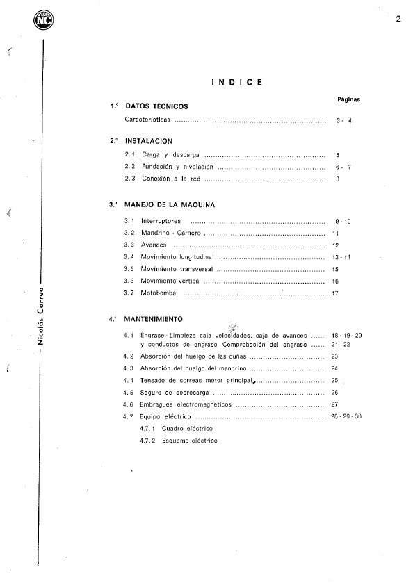 Manual de instrucciones Fresadora NICOLAS CORREA F3UE