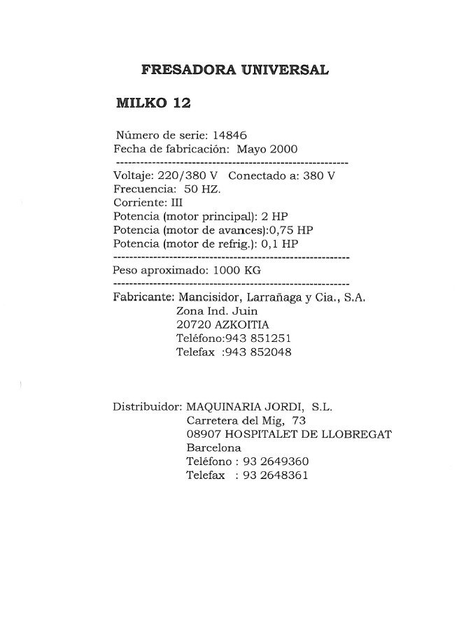 Manual de instrucciones y CE Fresadora MILKO Milko 12-14
