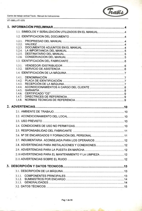 Travis mod. VT-1060 VT-1570-2 Manual de instrucciones Centro de Mecanizado TRAVIS VT-1570