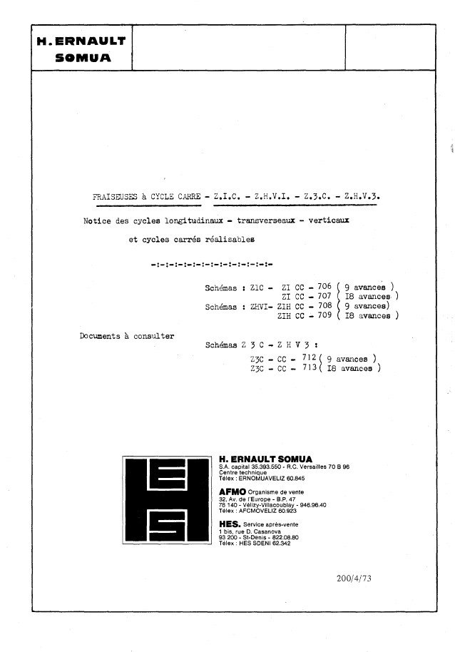 Manual de instrucciones + esquema eléctrico Fresadora H. ERNAULT SOMUA Z1C-Z3C