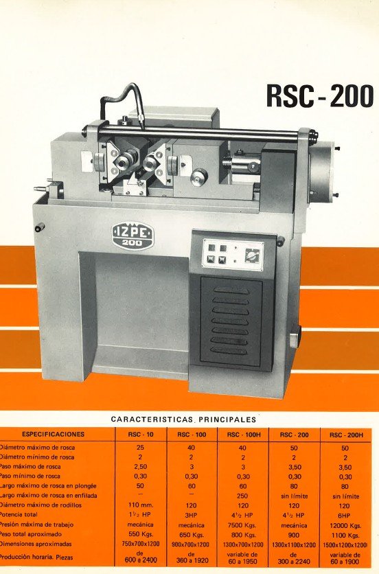 Documento descriptivo con datos técnicos Laminadora de roscas IZPE RSC-200