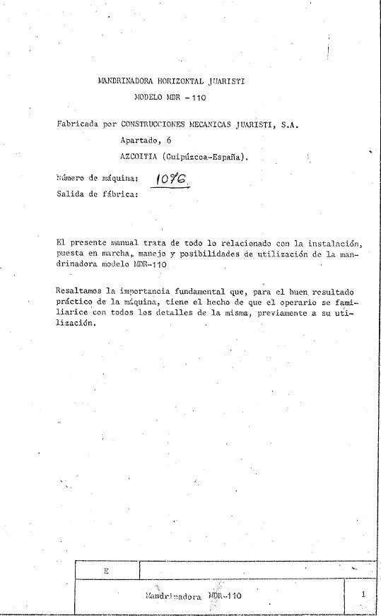 Manual de instrucciones Mandrinadora JUARISTI MDR 110