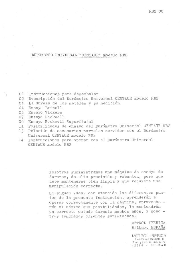 Manual de instrucciones Durómetro METROL IBÉRICA RB-2