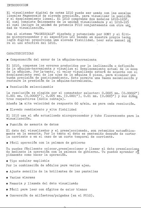 Manual de instrucciones CNC- Visualizadores SONY LU10A