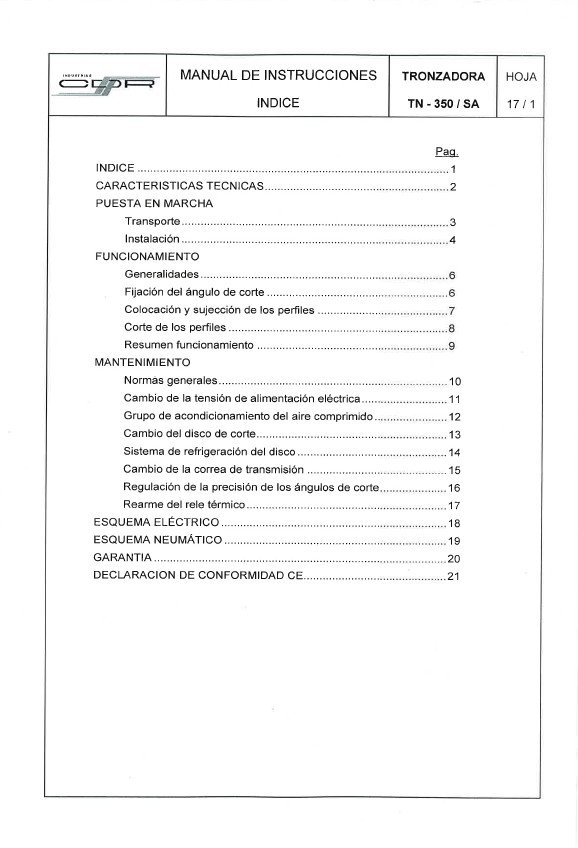 Manual de instrucciones Tronzadora Semi-Auto INDUSTRIAS ZARAGOZA TN-350/SA