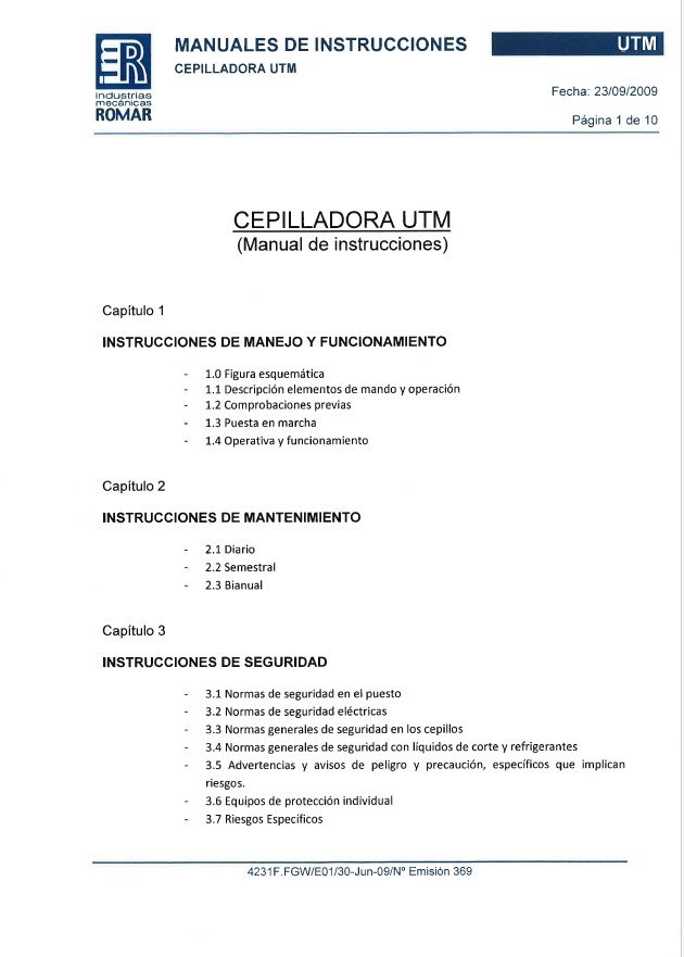 Manual de instrucciones Cepillos- limadoras Pinondo UTM