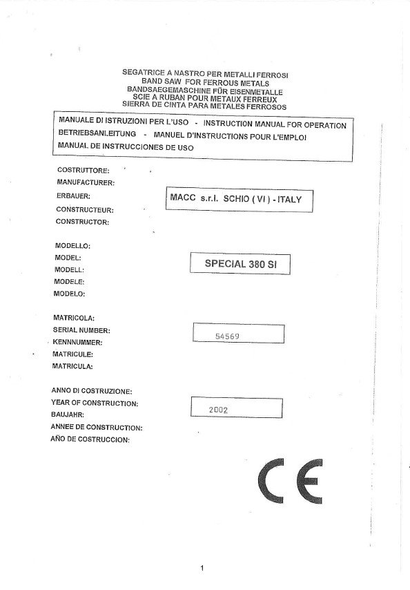 Manual de instrucciones Sierra de cinta MACC SPECIAL 380 SI