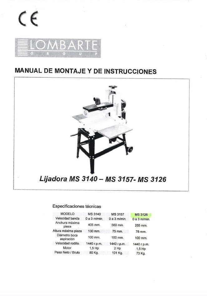 Lombarte- mod MS3140- MS3157- MS3126-2 Manual de instrucciones Lijadora Lombarte MS3140 / MS3157 / MS3126