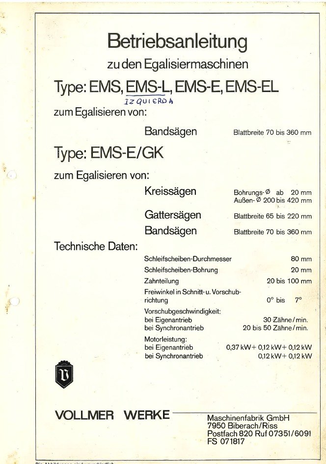 Manual de instrucciones Afiladora Vollmer EMS / EMS-L / EMS-E / EMS-EL