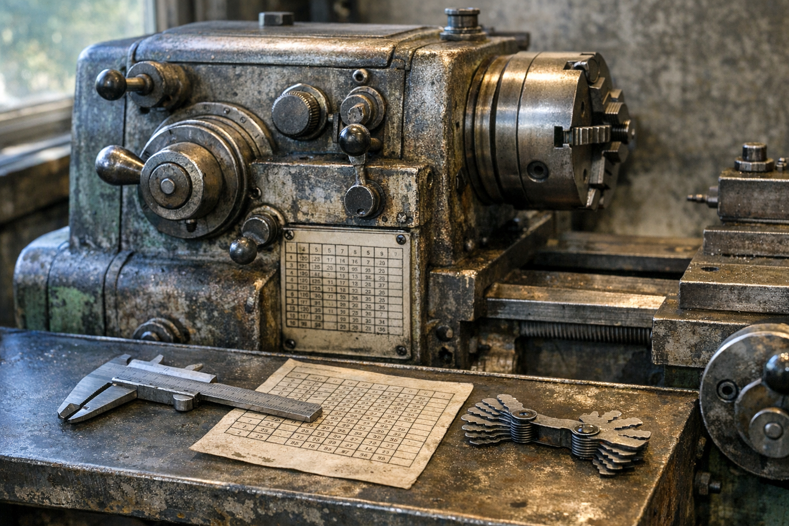 Placa de características de un torno junto a la tabla de roscas TOR sobre banco de taller