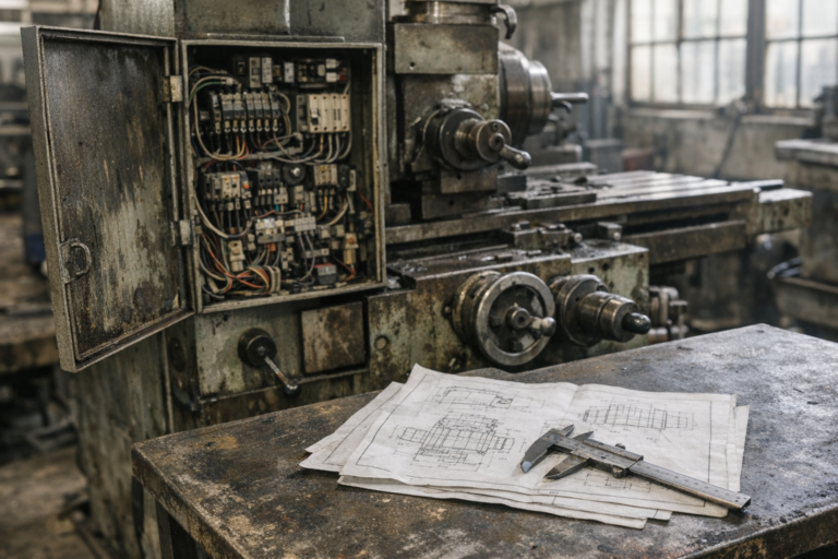 Técnico revisando planos junto a torno, coste parada de máquina sin manual técnico