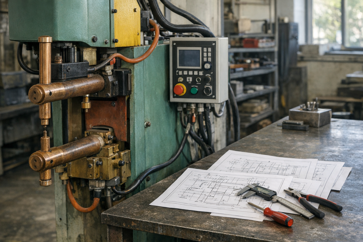 Manual máquina de soldadura industrial junto a esquema eléctrico en taller